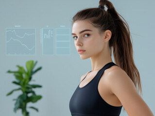 young woman in athletic wear stands confidently, surrounded by holographic financial graphs and data displays, showcasing blend of fitness and technology
