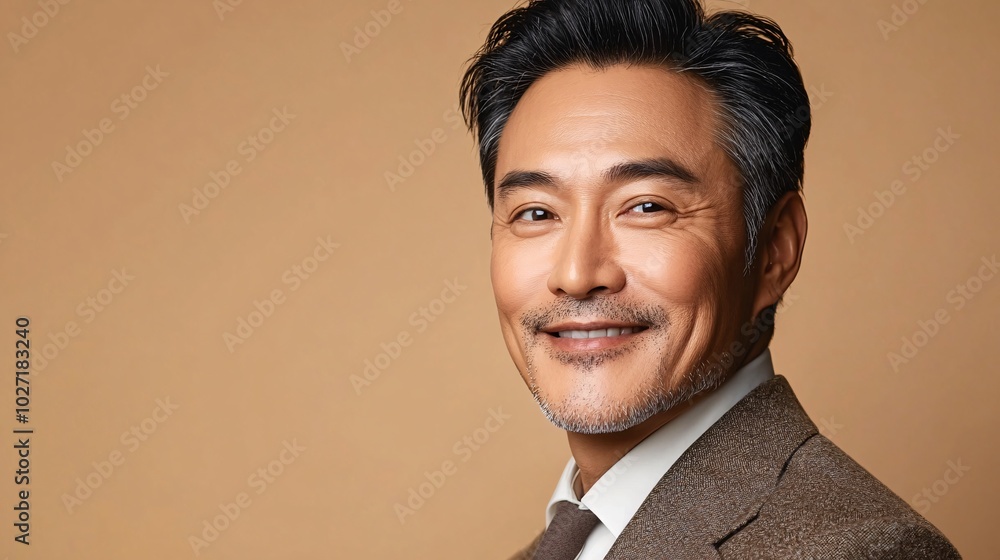 Poster asian elderly man gently using eye cream, looking at the camera with a relaxed smile, isolated on a 