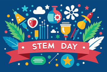 Colorful banner celebrating national stem day with science and technology icons