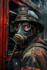 Fototapeta premium A Photo of fireman with gas mask and helmet near fire