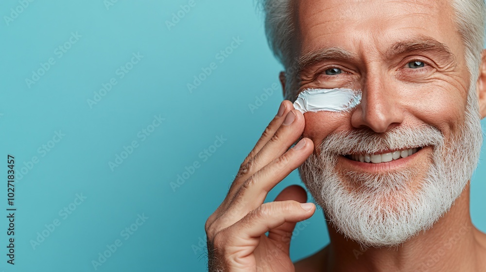Poster western elderly man with a gentle smile, looking directly at the camera while applying eye cream, is