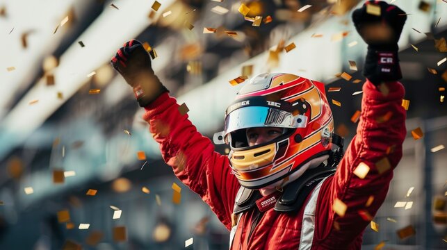 Formula One racing team driver celebrates victory with golden confetti on the racetrack background.
