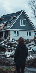 person standing in front of his house after hurricane 