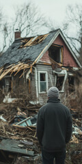 person standing in front of his house after hurricane 