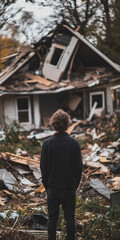 person standing in front of his house after hurricane 