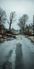 hurricane effect and after the devastated effect on street with falling trees and broken house