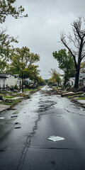hurricane effect and after the devastated effect on street with falling trees and broken house