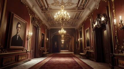 Fototapeta premium A grand hallway with ornate details, red walls, portraits, and a chandelier.