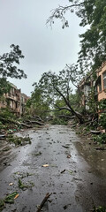 hurricane effect and after the devastated effect on street with falling trees and broken house