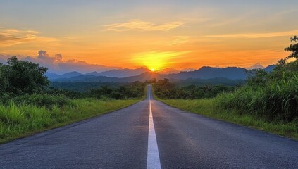 Fototapeta premium A scenic road stretching towards the horizon as the sun sets behind a mountain range.