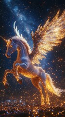 Ultrarealistic scene of Pegasus the mythical winged horse standing tall on its hind legs with massive wings fully extended illuminated by a celestial glow against a starry night sky