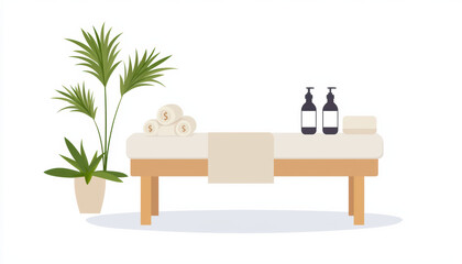 serene spa setting featuring massage table adorned with towels and wellness products, symbolizing relaxation and financial well being. lush plant adds touch of nature