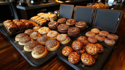 Freshly baked pastries and donuts arranged on display trays, tempting and delicious
