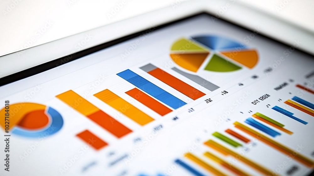Poster Financial analyst reviewing charts and graphs on paper while cross-referencing with data on a digital tablet screen Stock Photo with side copy space