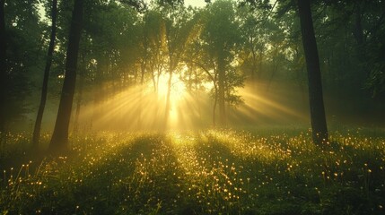 Fototapeta premium Sunbeams Illuminate a Foggy Forest Clearing with Dew-Covered Grass