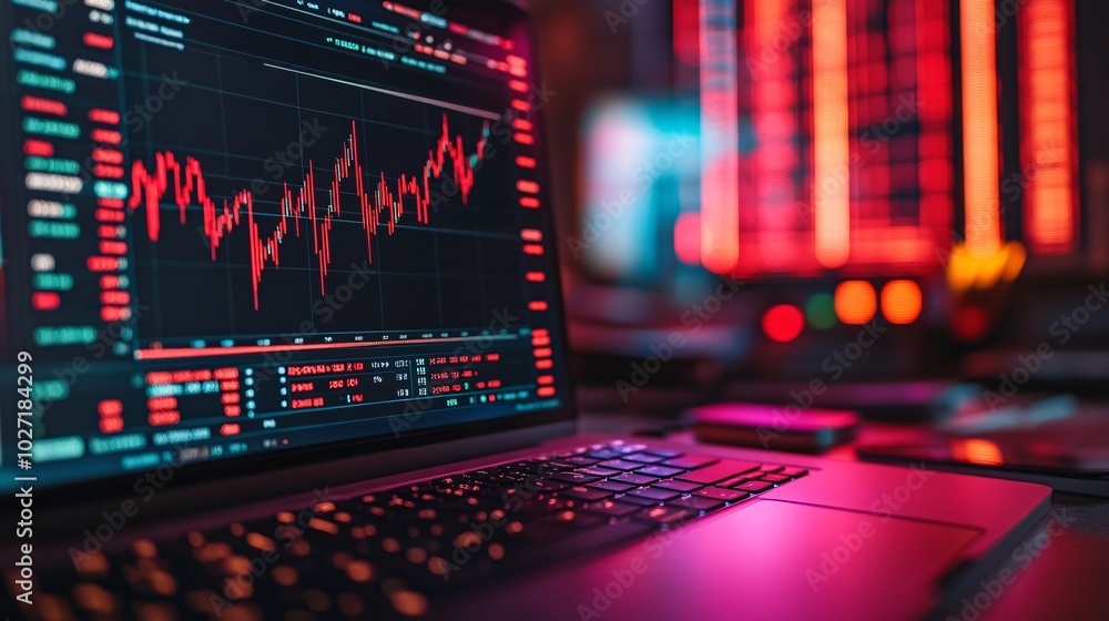 Poster close-up of financial graphs on a laptop screen alongside printed reports, displaying performance an