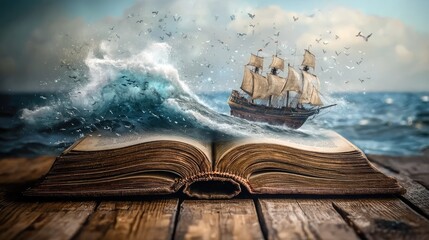 antique open book on a top of an old oak table with ocean storm with a ship scattering from the pages, magical,
