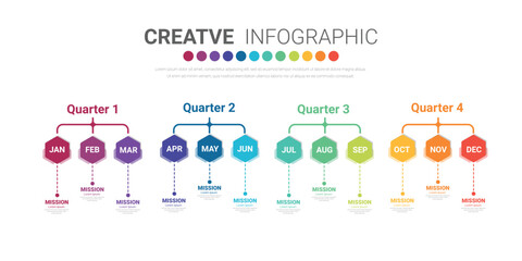 Timeline for 1 year, calendar, 12 months, Presentation business 4 quarter, Infographic Timeline can be used for workflow, process diagram, flow chart.