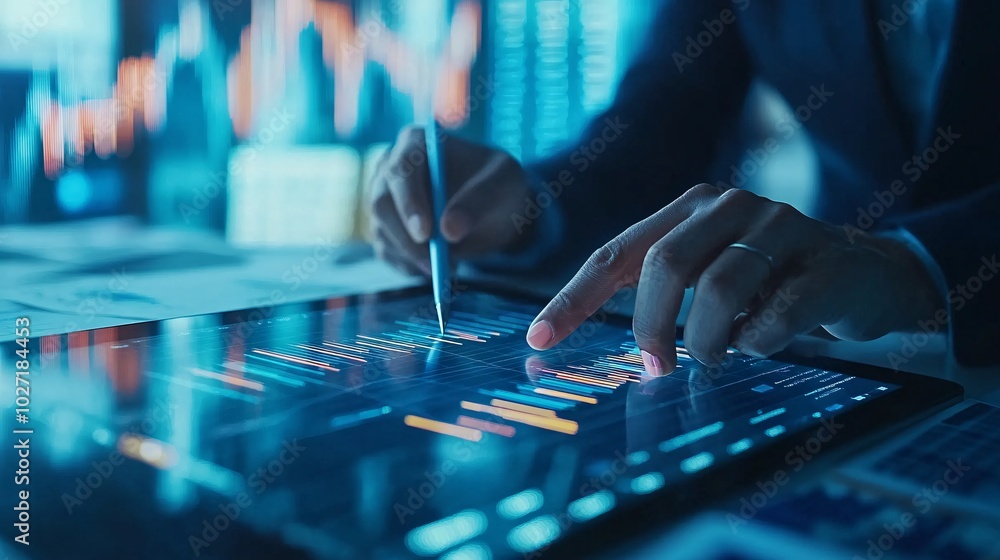 Poster Professional using a stylus to highlight data points on a tablet graph, with printed charts scattered on the desk Stock Photo with side copy space