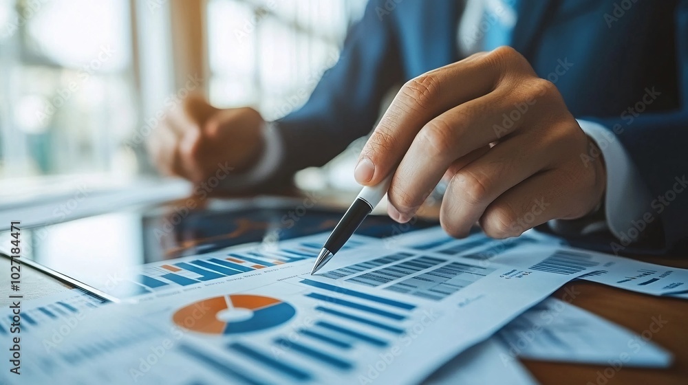 Poster Professional using a stylus to highlight data points on a tablet graph, with printed charts scattered on the desk Stock Photo with side copy space