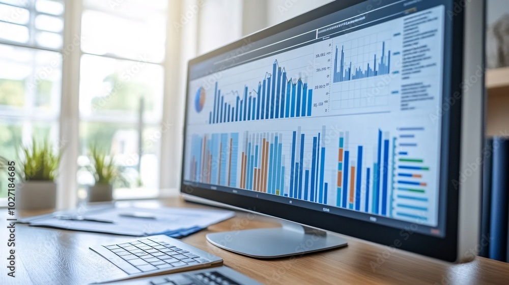 Poster Financial presentation with graphs displayed on a large digital monitor and supporting documents on the table, highlighting market trends Stock Photo with side copy space