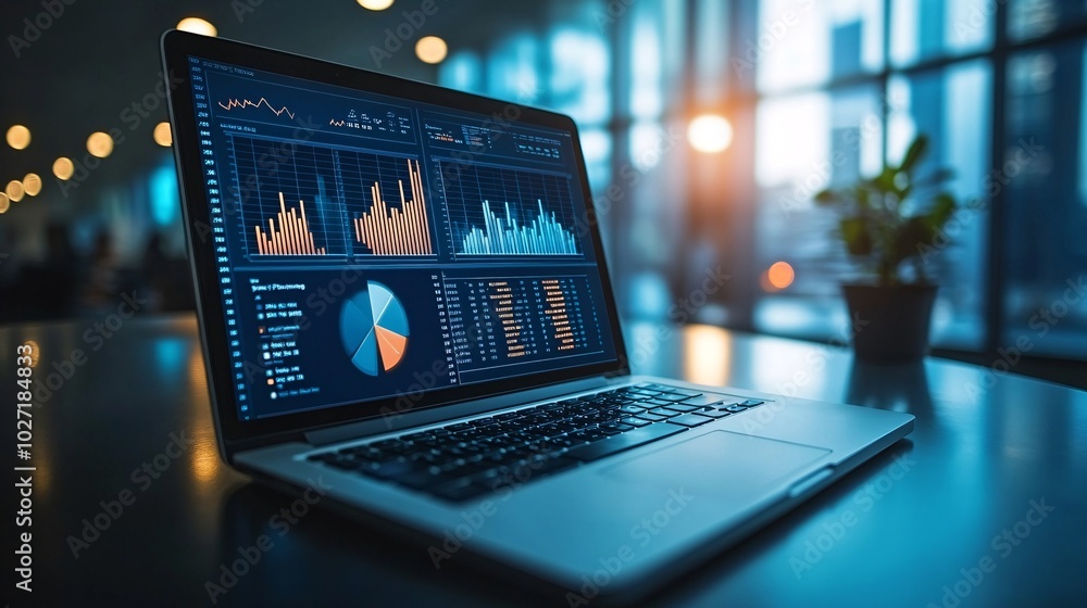 Poster Printed financial reports with bar charts and pie graphs, placed beside a laptop showing dynamic data analysis on screen Stock Photo with side copy space