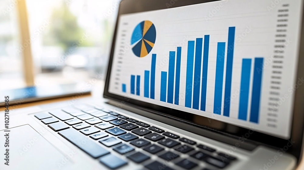 Aufkleber Printed financial reports with bar charts and pie graphs, placed beside a laptop showing dynamic data analysis on screen Stock Photo with side copy space