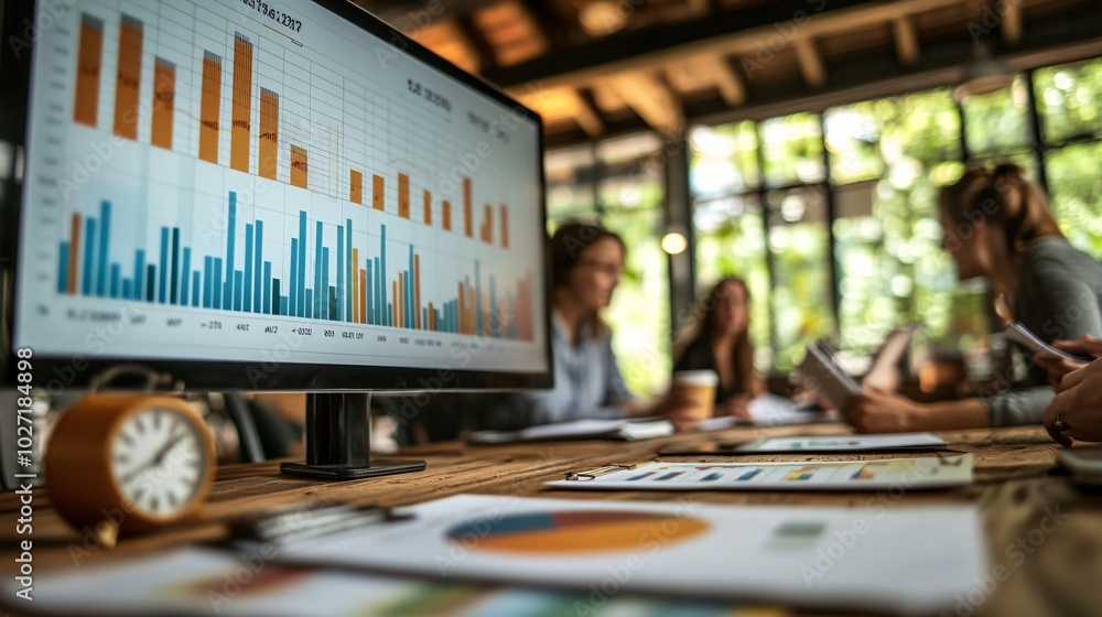 Poster Business team analyzing financial charts on a digital projector screen while reviewing printed reports during a meeting Stock Photo with side copy space