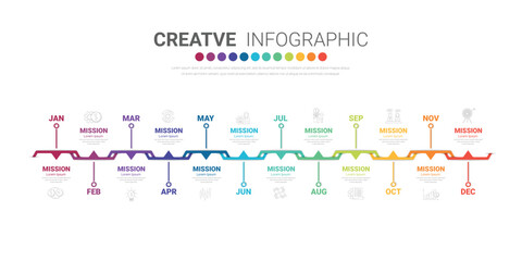 Presentation business infographic template, Timeline for 12 months, 1 year, can be used for workflow, process diagram, flow chart.