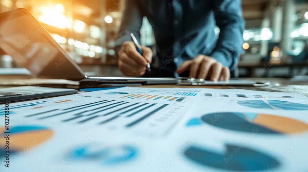 Poster Financial advisor reviewing multiple graphs and data sheets on both paper and tablet, highlighting key trends and analysis Stock Photo with side copy space