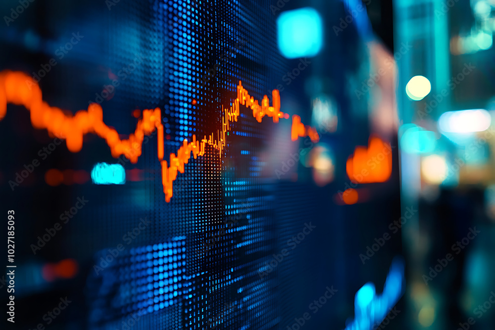Poster a close-up of a digital stock market graph displaying fluctuating data trends.