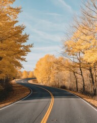 Fototapeta premium Autumn Landscape with Yellow Leaves Along an Empty Asphalt Road.
