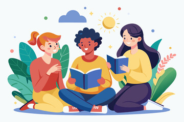 Friends enjoying book club meetings in a sunny outdoor setting