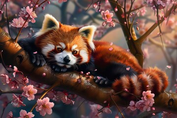 Obraz premium A red panda in a blooming cherry tree