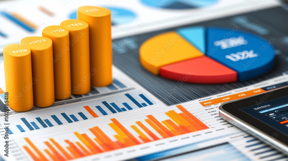 Poster Printed financial reports showing pie charts and line graphs next to a tablet displaying real-time data analysis Stock Photo with side copy space