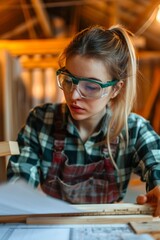 A Side view portrait female carpenter wearing safety