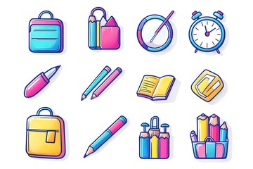 Set of school icons, paintbrush and pencil with color palette, magnifying glass for several books in the backpack, alarm clock on white background