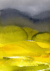 Loose abstract watercolor landscape. Abstract watercolor impression painting. Moody spring abstract horizon. Original artistic drawing.