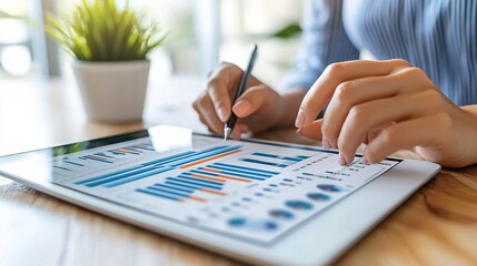 Hands scrolling through financial graphs on a tablet while comparing with printed bar charts and spreadsheets Stock Photo with side copy space