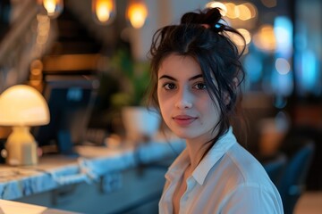 Obraz premium A Portrait of beautiful receptionist near counter in home