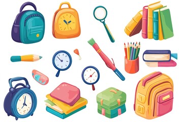Obraz premium Set of school icons, paintbrush and pencil with color palette, magnifying glass for several books in the backpack, alarm clock on white background