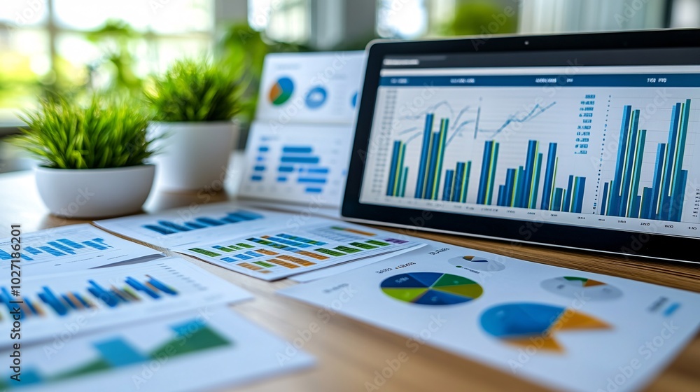 Poster Workstation with a laptop showing financial trends, printed reports and graphs laid out on the desk for comprehensive analysis Stock Photo with side copy space