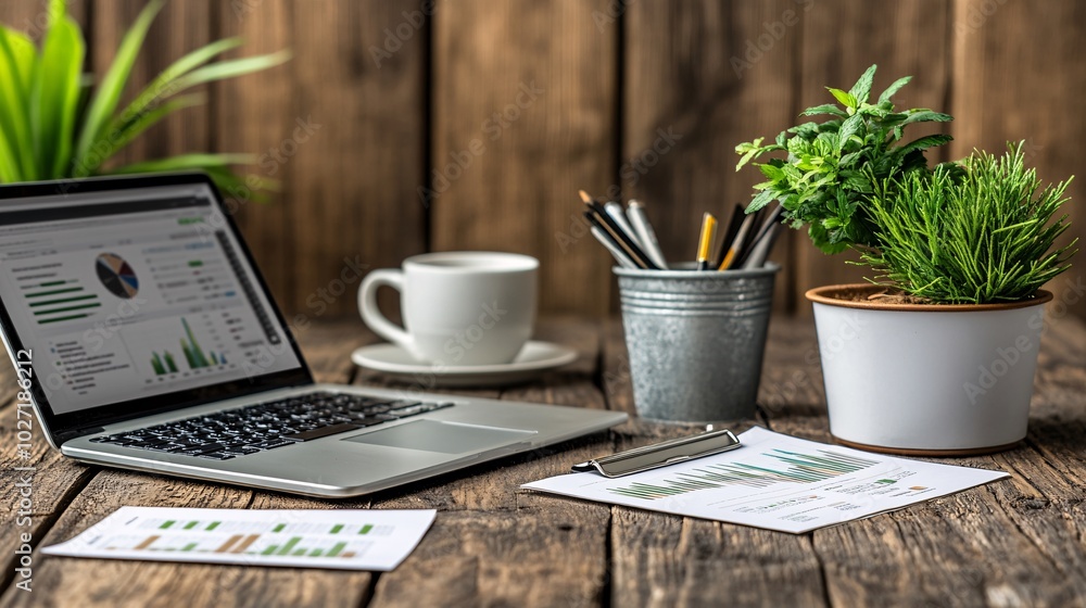 Poster Workstation with a laptop showing financial trends, printed reports and graphs laid out on the desk for comprehensive analysis Stock Photo with side copy space