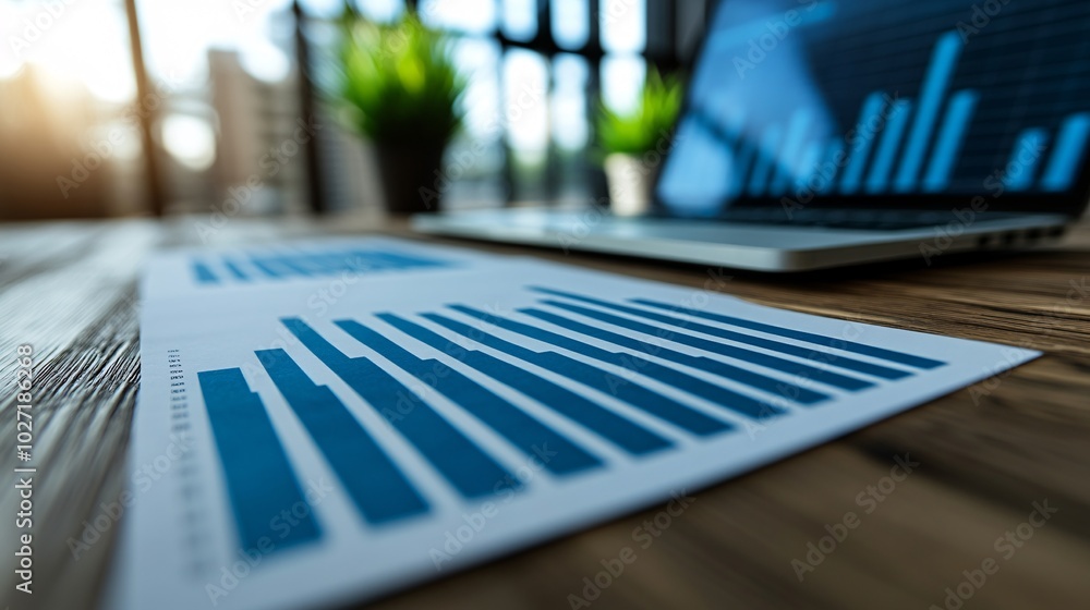 Poster workstation with a laptop showing financial trends, printed reports and graphs laid out on the desk 