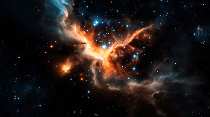 Fototapeta premium Stunning high-resolution image of an interstellar nebula with bright stars and colorful gas clouds in deep space. Vivid blues and oranges illustrate the cosmic formation and celestial beauty.