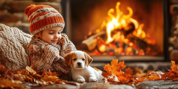 A child in a striped hat hugs a small puppy next to a glowing fireplace, surrounded by autumn leaves.