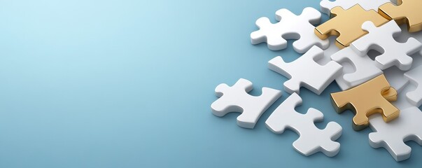 Obraz premium Pile Of White And Gold Puzzle Pieces On Blue Background