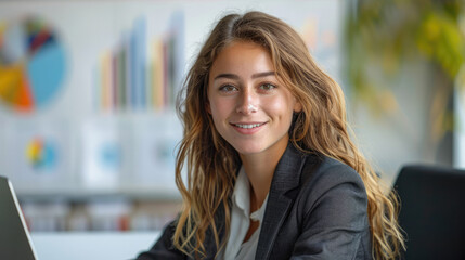 Naklejka premium smiling young professional brunette business woman wearing suit sitting near laptop looking forward in bright and high tech office with charts and graphs behind her