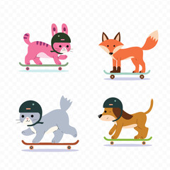 Fototapeta premium A collection of cartoon animals on a skateboard with a cartoon rabbit pig panda dog zebra fox cat bunny fox bear kangaroo penguin giraffe