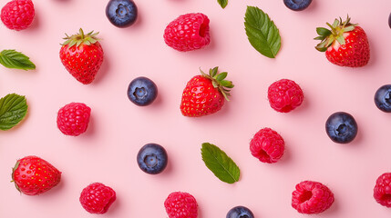 Fresh berries and mint leaves on a pastel background